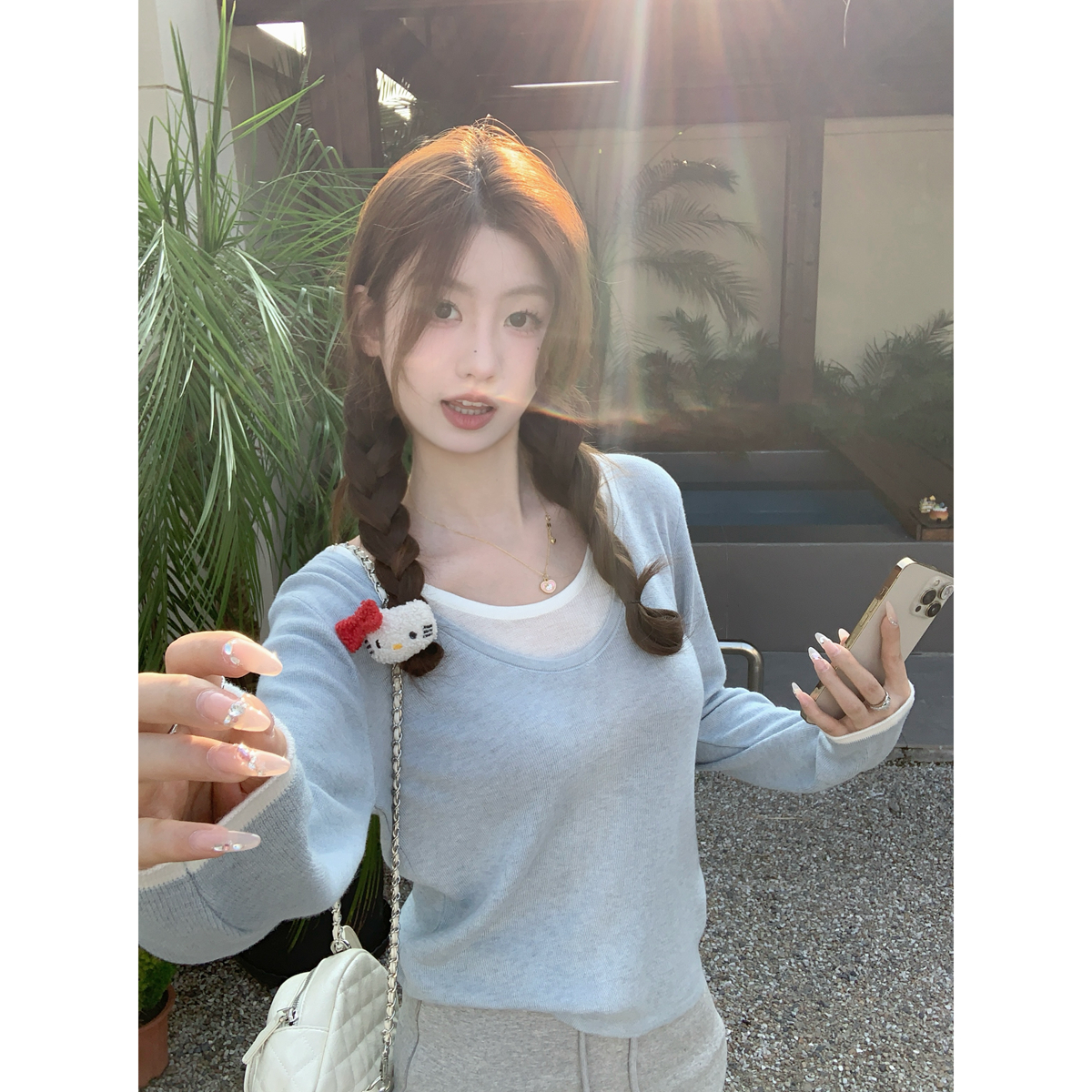 Real shot of autumn and winter Korean style V-neck contrasting fake two-piece versatile and gentle 6 wool knitted long-sleeved bottoming top