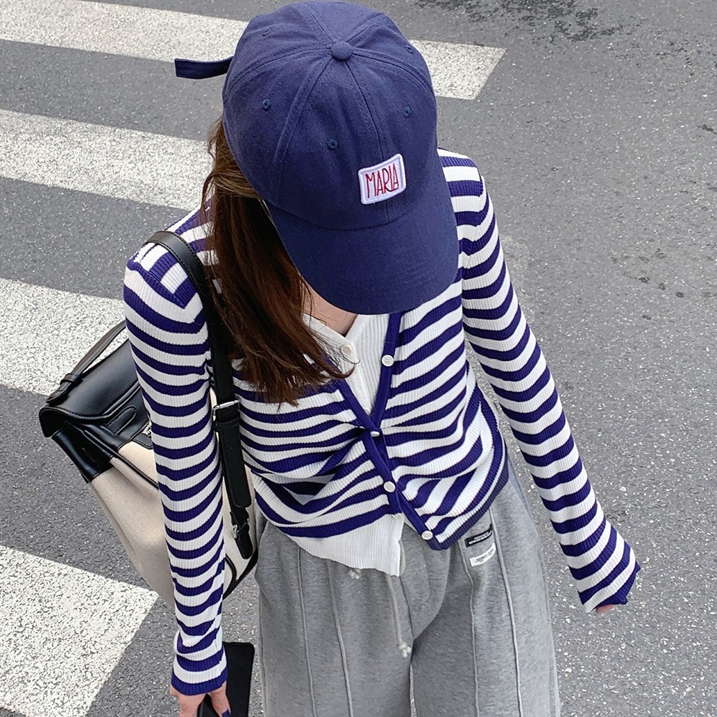 2023 new striped knitted cardigan women's spring and autumn thin section long-sleeved fake two-piece jacket trendy