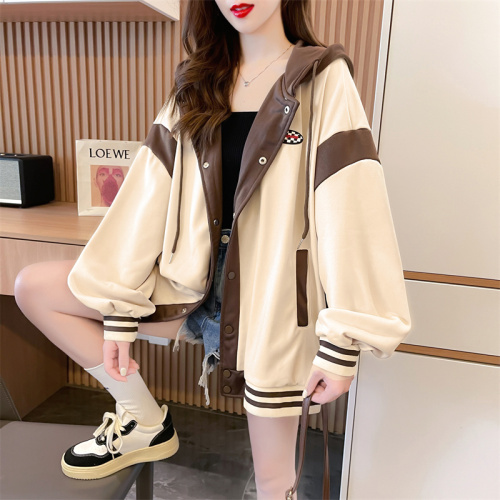Real shot-Winter Korean style loose milk silk composite plus velvet thickened color matching cardigan hooded large size women's sweater