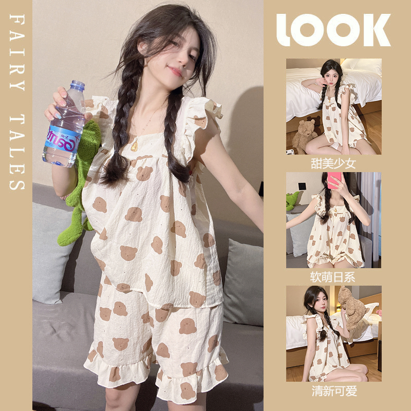 Real photo pajamas women's summer woven cotton linen Zou cloth vest Suit Shorts cartoon cute casual suit