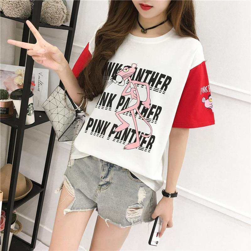 Spring and summer ins super fire short sleeve Korean loose round neck print junior high school girls color T-shirt