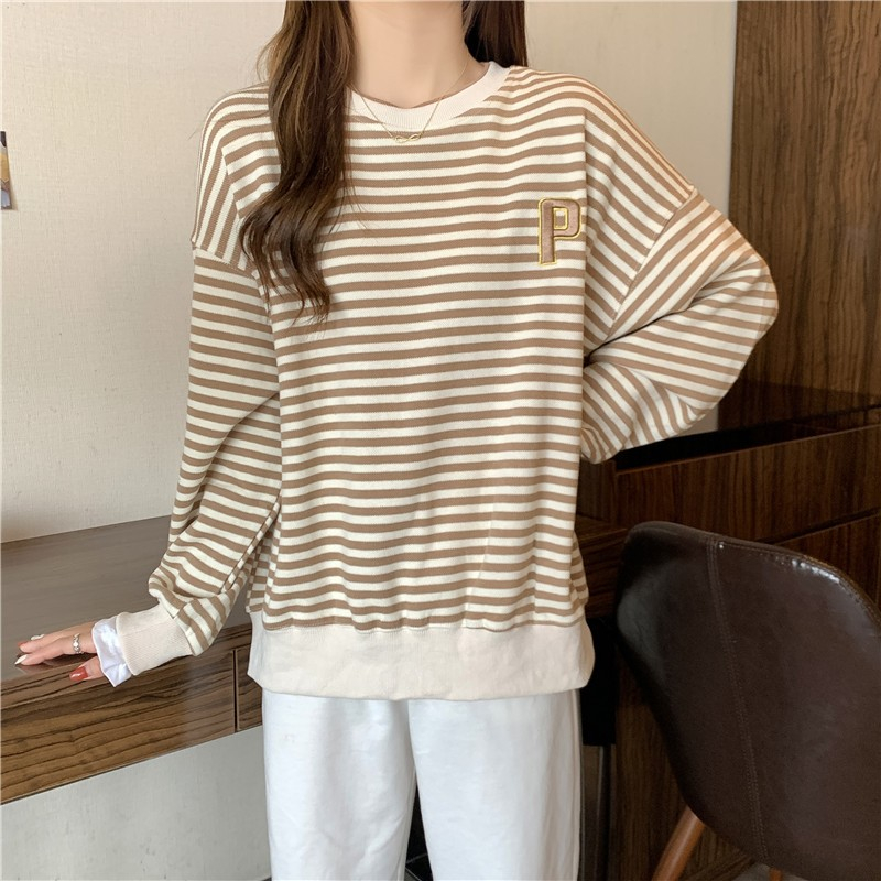 Korean version striped stitching fake two-piece sweater women's autumn new all-match student retro top all-match women's clothing
