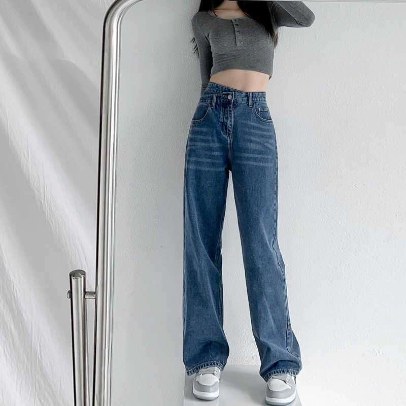 Real shot retro light blue high waist design cross waisted jeans women's slim straight pants drooping floor pants