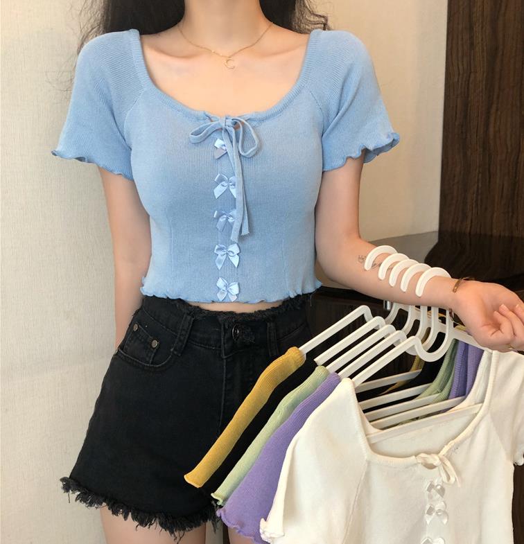 Homemade new style temperament square collar pure color knitting lovely girl fungus edge butterfly versatile student top