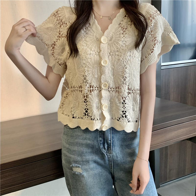 Real price ~ 2021 new foreign style hollow out short sleeve knitted cardigan coat thin knitted sweater for women