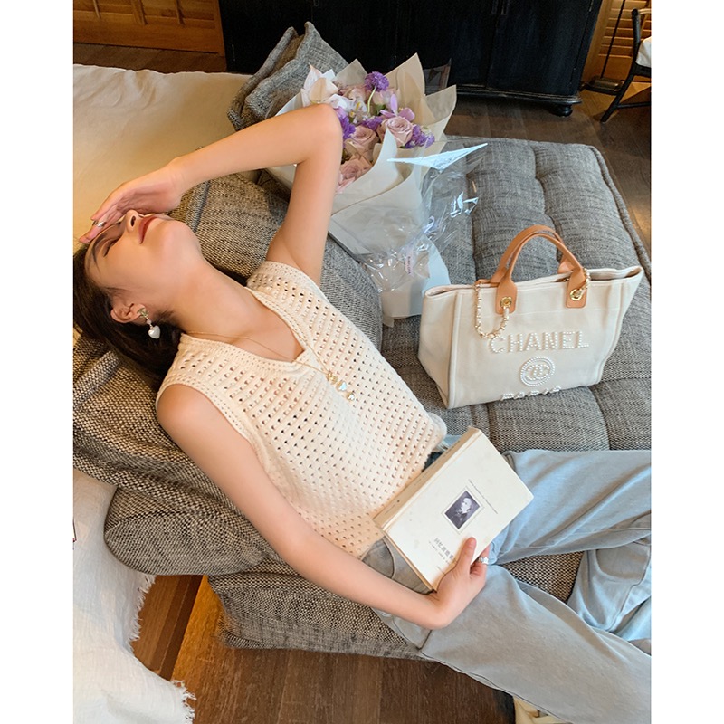 Take all da Na hollow out breathable long staple cotton pure desire style knitted sleeveless top vest for women's summer wear