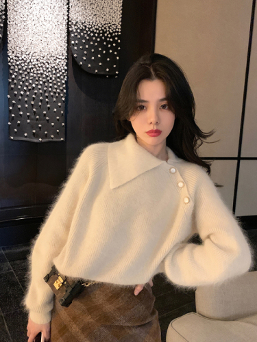 Sixone autumn winter new foreign style Lapel loose Long Sleeve T-Shirt Top mink sweater for women