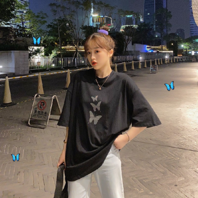 Summer Korean ins design feeling butterfly print lower garment missing loose short sleeve T-shirt women's wear
