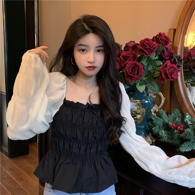 Real shot real price spring new French square collar chiffon long-sleeved stitching high waist slimming short shirt