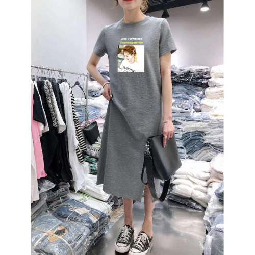 Summer short sleeve dress casual belly covering large women's loose medium length knee over bottomed T-shirt skirt