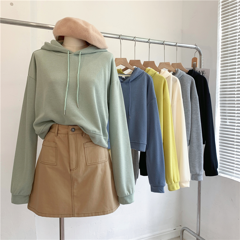 Mini velvet autumn thin solid color all-match long-sleeved hooded sweater women's top coat