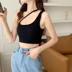 Real shooting and real price wearing short suspender vest outside sexy off shoulder top with sleeveless knitting backing inside