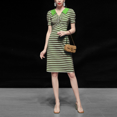 Summer 2022 new women's style sexy slim fit stripe short sleeve waist closing thin medium length dress