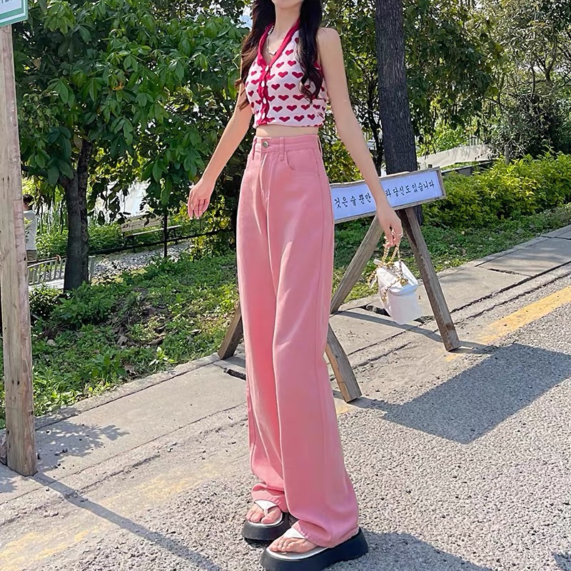 Pink Wide Leg Jeans Women's Straight Leg Loose Summer Thin High Waist Skinny Lengthened Color Dag Pants