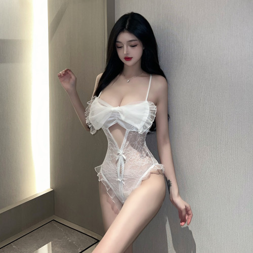 Real Shot~Pure Desire White Lace Suspender Open Crotch Sexy Lace Ruffled Jumpsuit Women's Dress