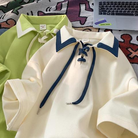 Front shoulder polo shirt fat mm Summer Short Sleeve T-Shirt women's design sense of minority unique top ins fashion brand