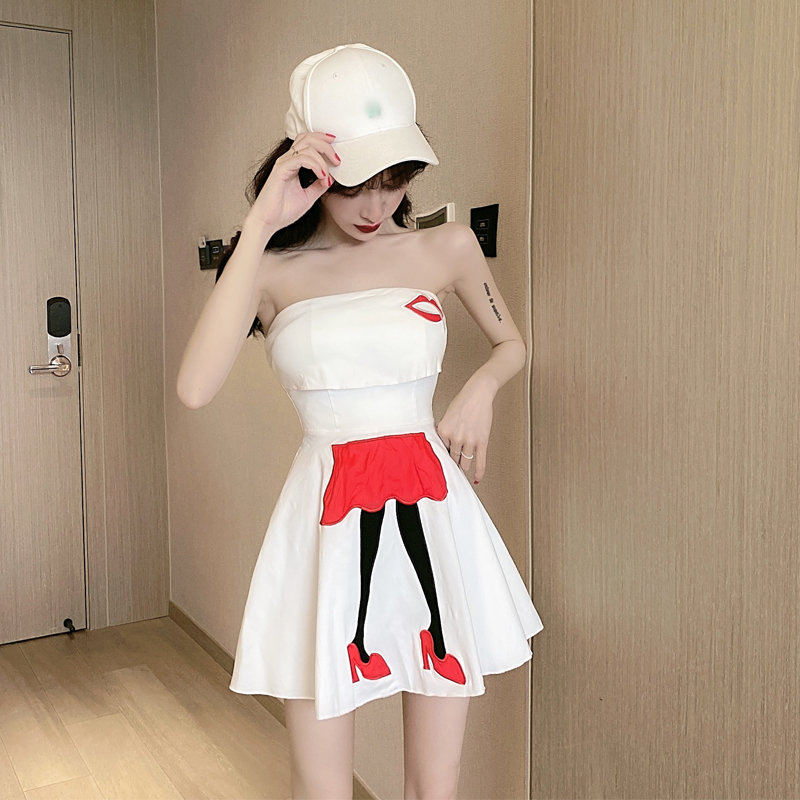 Summer new red lip embroidery open back bra sexy A-line dress nightclub skirt dress