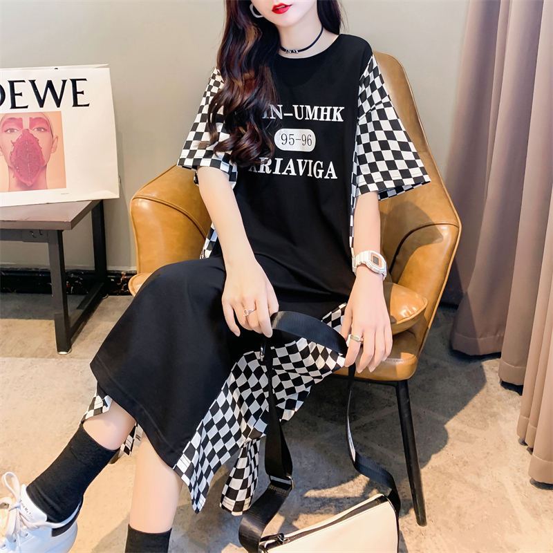 Real Shot 21 Cotton Stitching Plaid Long Section Knee Short-sleeved T-Shirt Summer Korean Lazy Wind Loose Top