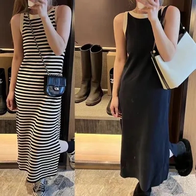 French sleeveless air thin spring and summer new small striped slit ice silk knitted camisole dress