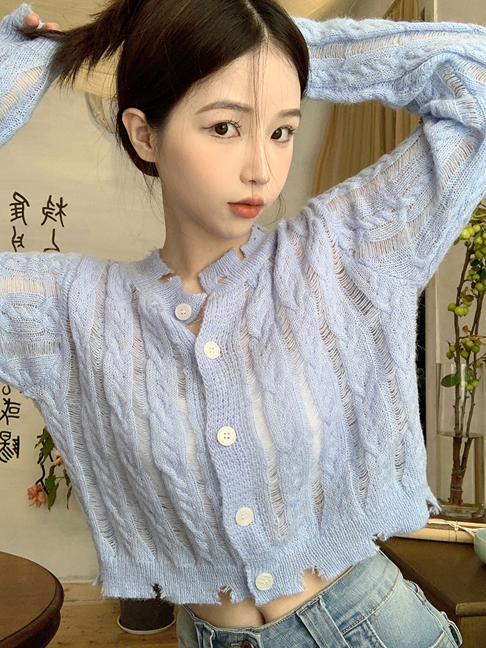 Real price Korean loose hollow out fried dough twist sunscreen thin knitted cardigan top women