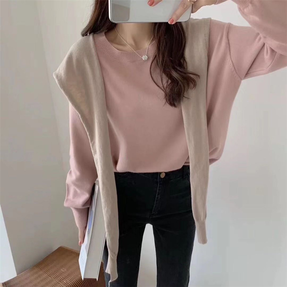 New rabbit hair round neck core spun yarn loose sweater + contrast shawl two piece leisure suit for women