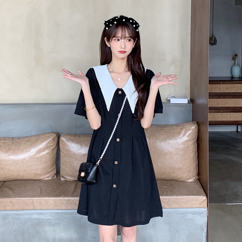 Actual shooting of new summer large doll neck black skirt with waist closed short sleeve dress m-4xl200 kg