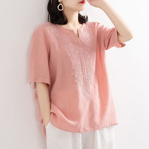 Solid V-neck embroidered linen shirt women's summer new art loose Pullover embroidered short sleeve linen top