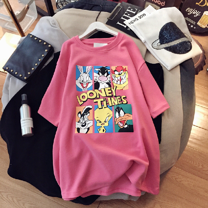 Spring and summer new short sleeve t-shirt female round neck middle long cartoon letter Student Korean version loose