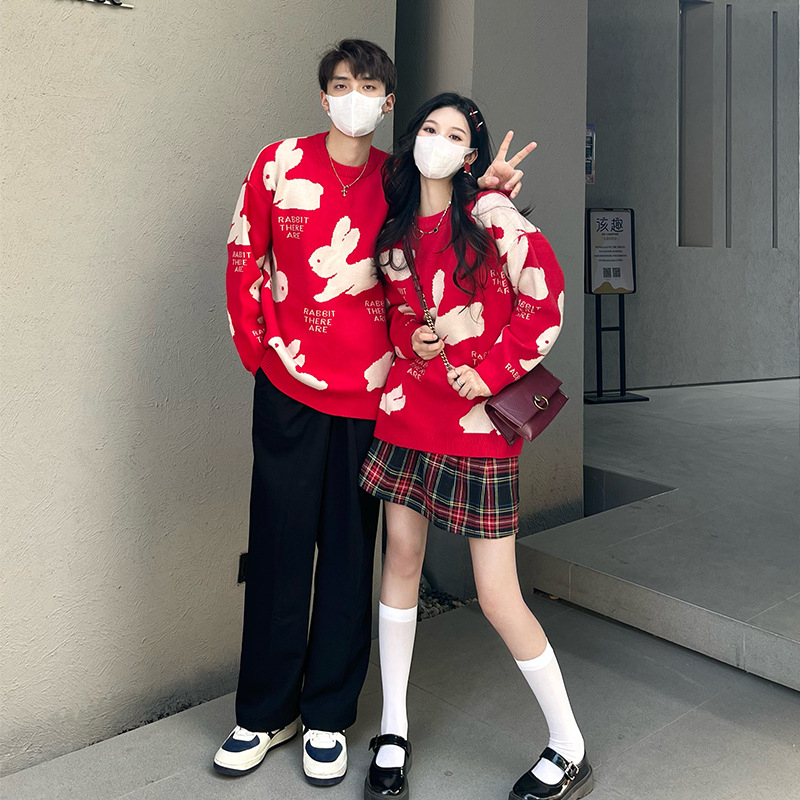 Year of the Rabbit zodiac year woolen clothes 2023 new autumn and winter Chinese New Year red rabbit knitted sweater couple outfit