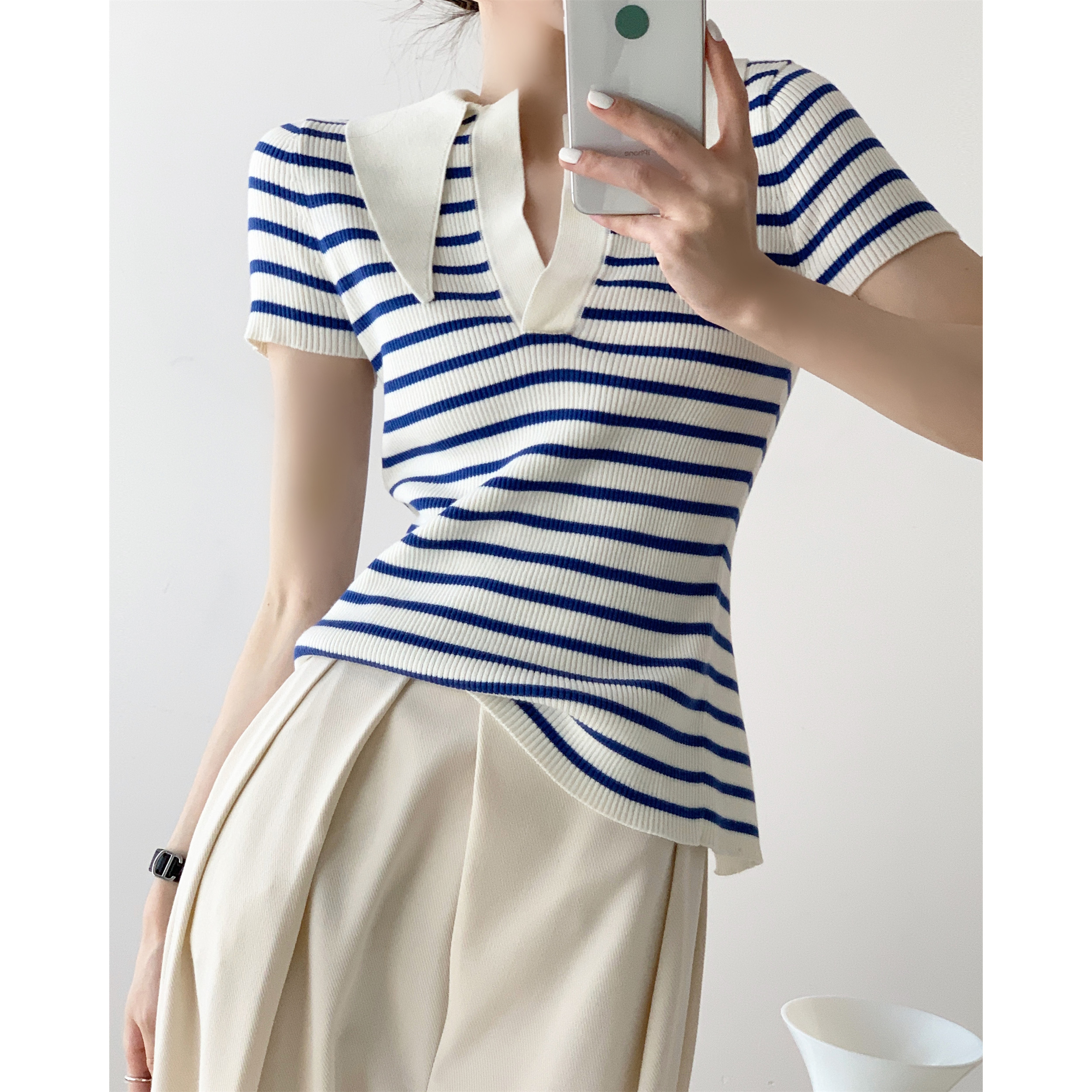 ICTs sea breeze blue stripe bandage backless small design sweater thin fried Street V-neck shirt