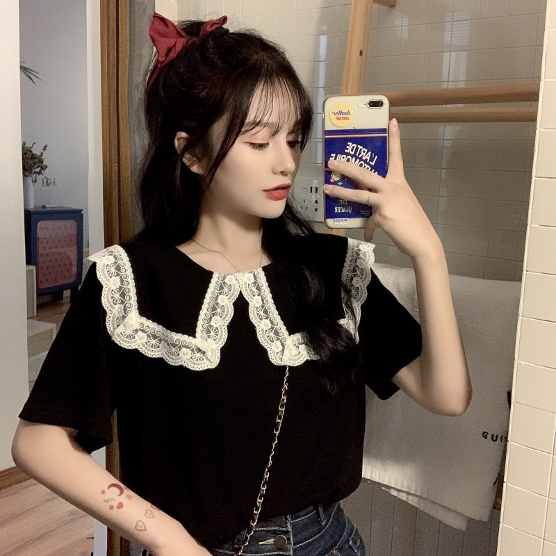T-shirt women's short sleeve 2022 new French retro court style Lapel top design sense knitted baby collar summer