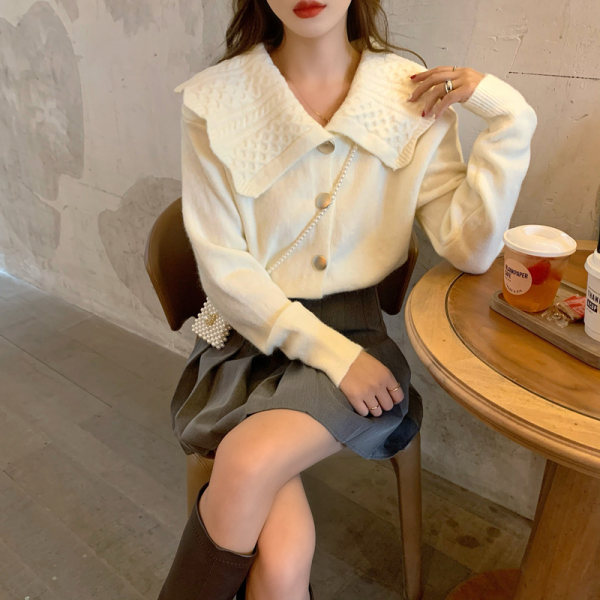 Japanese sweater coat women's autumn and winter new doll Lapel loose lazy Navy style versatile knitted cardigan