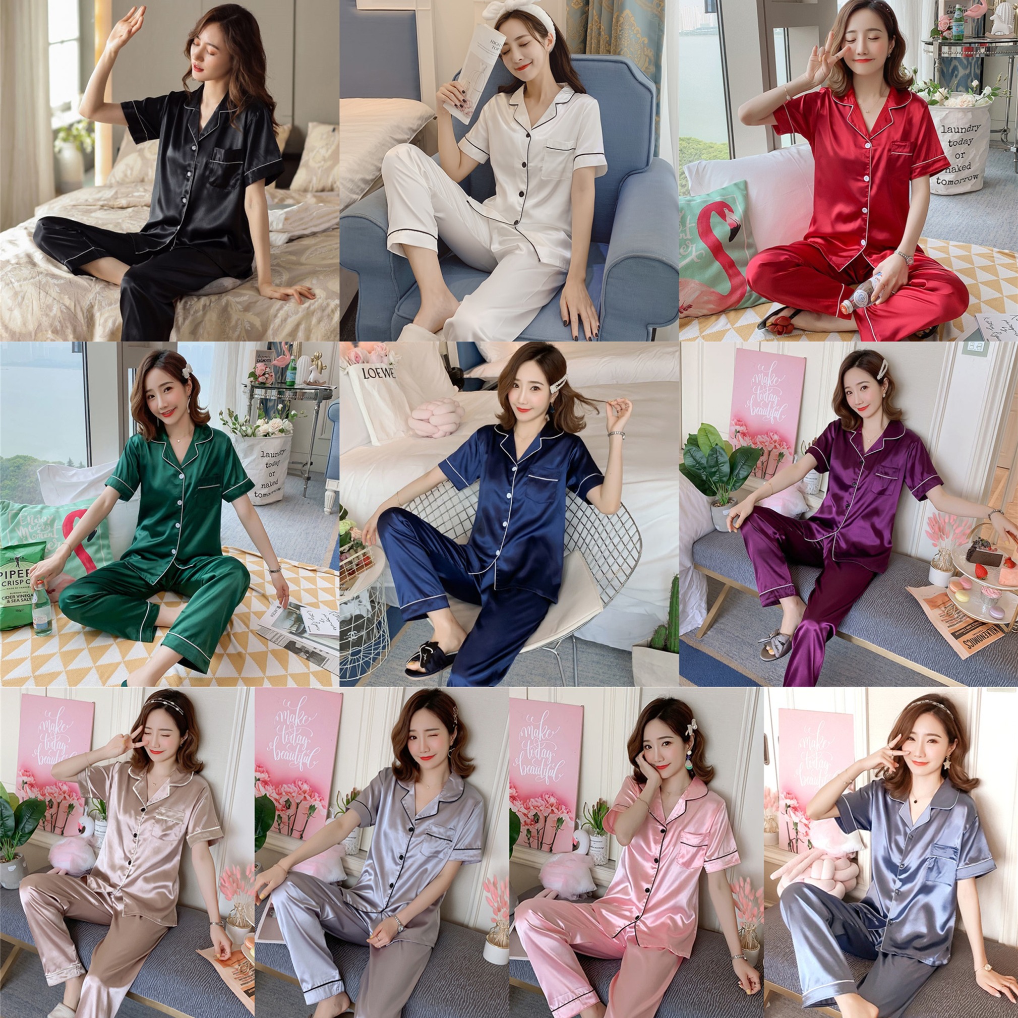 Real shooting plus large size summer short sleeved trousers solid color Weimi cardigan Lapel simulated silk home clothes simple clothes