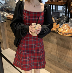 Korean retro chic style soft girl slim square neck Plaid Dress women's splicing slim temperament skirt children