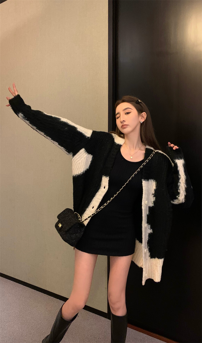 Real shot Nett price Retro slim all-match dress+knitted sweater cardigan jacket