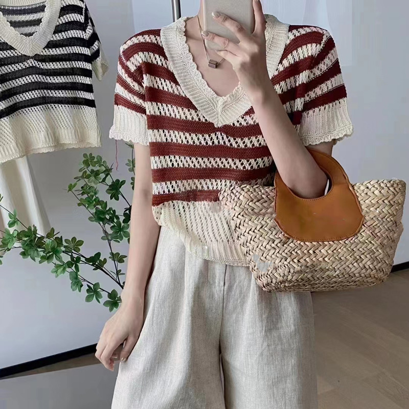 Korean summer 2022 new knitted short sleeve trend stripe loose and versatile V-neck Pullover Sweater Top