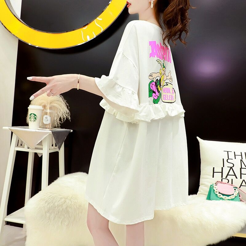 Official picture summer Korean version loose print cartoon large size women's clothing mid-length short-sleeved top T-shirt female