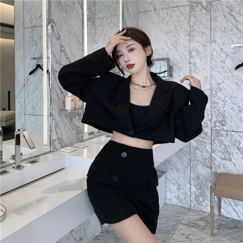 Real shot 2022 autumn new western style short high waist suit jacket + A pants skirt two-piece suit