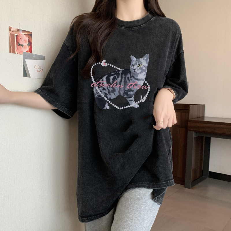 Real shot 200g combed 100% cotton washed and old-fashioned mid-length loose short-sleeved T-shirt female printed summer top