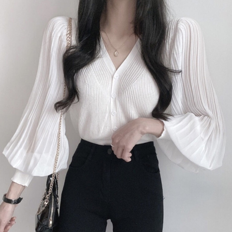 Korean chic fashion 2021 summer new slim Chiffon stitched V-neck cardigan women's sweater