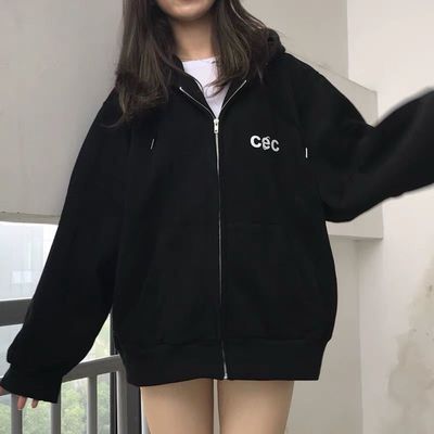 Ins couple's Korean CEC printed zipper cardigan hooded thin sweater coat