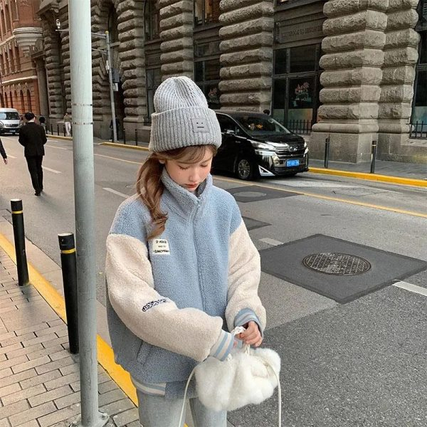 All-match coat women's niche baseball uniform autumn and winter lamb plush fashion stand-up collar sweet foreign style top