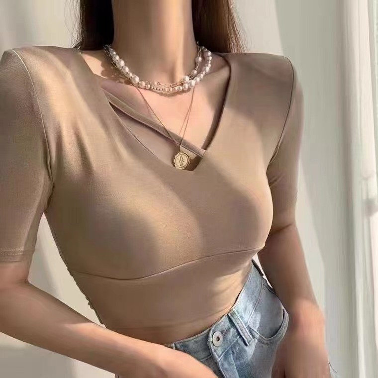 American hot girl shoulder pads sexy back hollow out waist V-neck splicing receiving waist short T-shirt women's summer new elastic