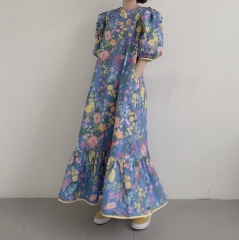 Korean summer foreign style full screen flower round neck wide loose hem bubble sleeve dress long skirt girl