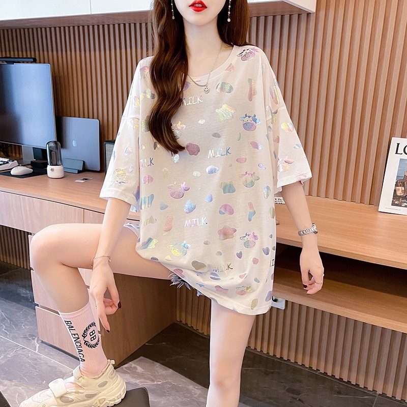 Real shooting summer dress Korean loose bronzing dazzle color large women's dress medium and long short sleeve T-shirt women