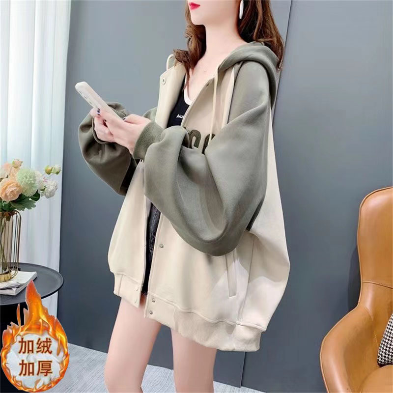 Winter fleece thickened hooded baseball uniform top women's new loose casual cardigan sweater coat