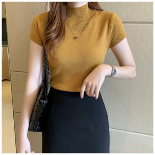 Half high collar and half sleeve knitted shirt for women's autumn and winter bottoming shirt with sweater for slim fit and short waistcoat