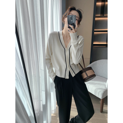Contrast color thread fragrance granny knitted cardigan coat women's design sense slim short top
