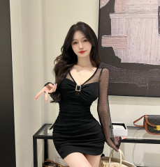 Real shooting spot new sexy mesh stitching cotton high elastic tight hip long sleeve dress