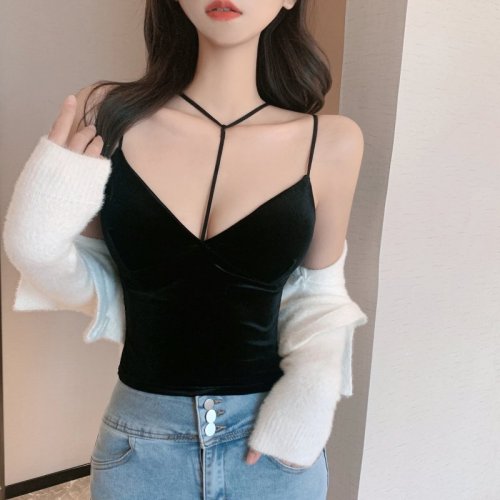 Real price real shot sexy thin belt hanging neck velvet beautiful back camisole women's bottoming top